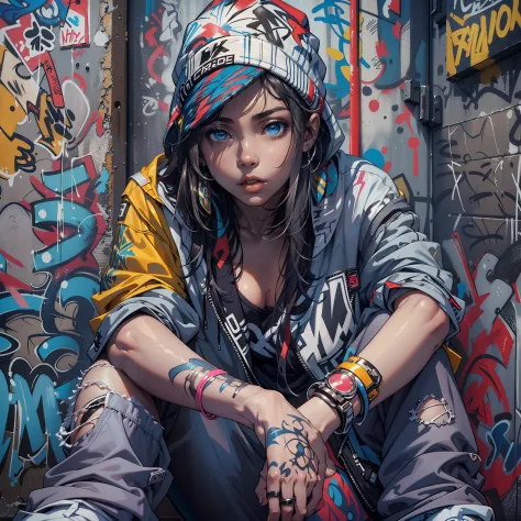 One Girl In A Back Alley、(Super Detail)、(8K)、((Hip Hop Fashion))、(graffiti wall)、(full body Esbian)、(hyperdetailed face)、(Detail...