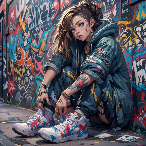 One Girl In A Back Alley、(Super Detail)、(8K)、((Hip Hop Fashion))、(graffiti wall)、(full body Esbian)、(hyperdetailed face)、(Detail...