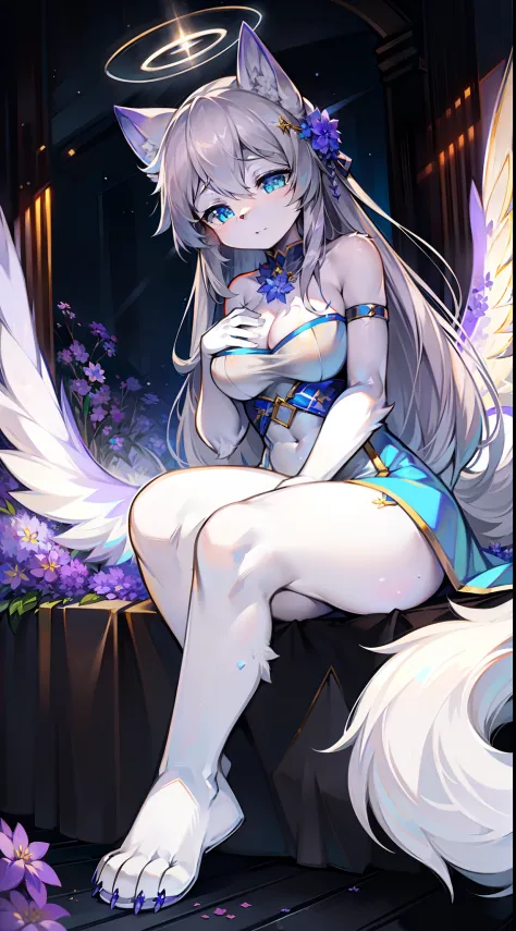 Angel costume，The halo，Light wings，Big-tailed wolf，Gray hair，blue color eyes，Female，long whitr hair，holy rays，violet flower