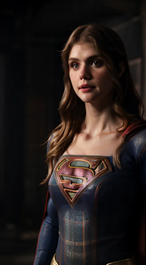 close-up, woman (supergirl suit), ((Alexandra Daddario)), looking at viewer, front view, heroic pose, photorealistic, ultra-deta...