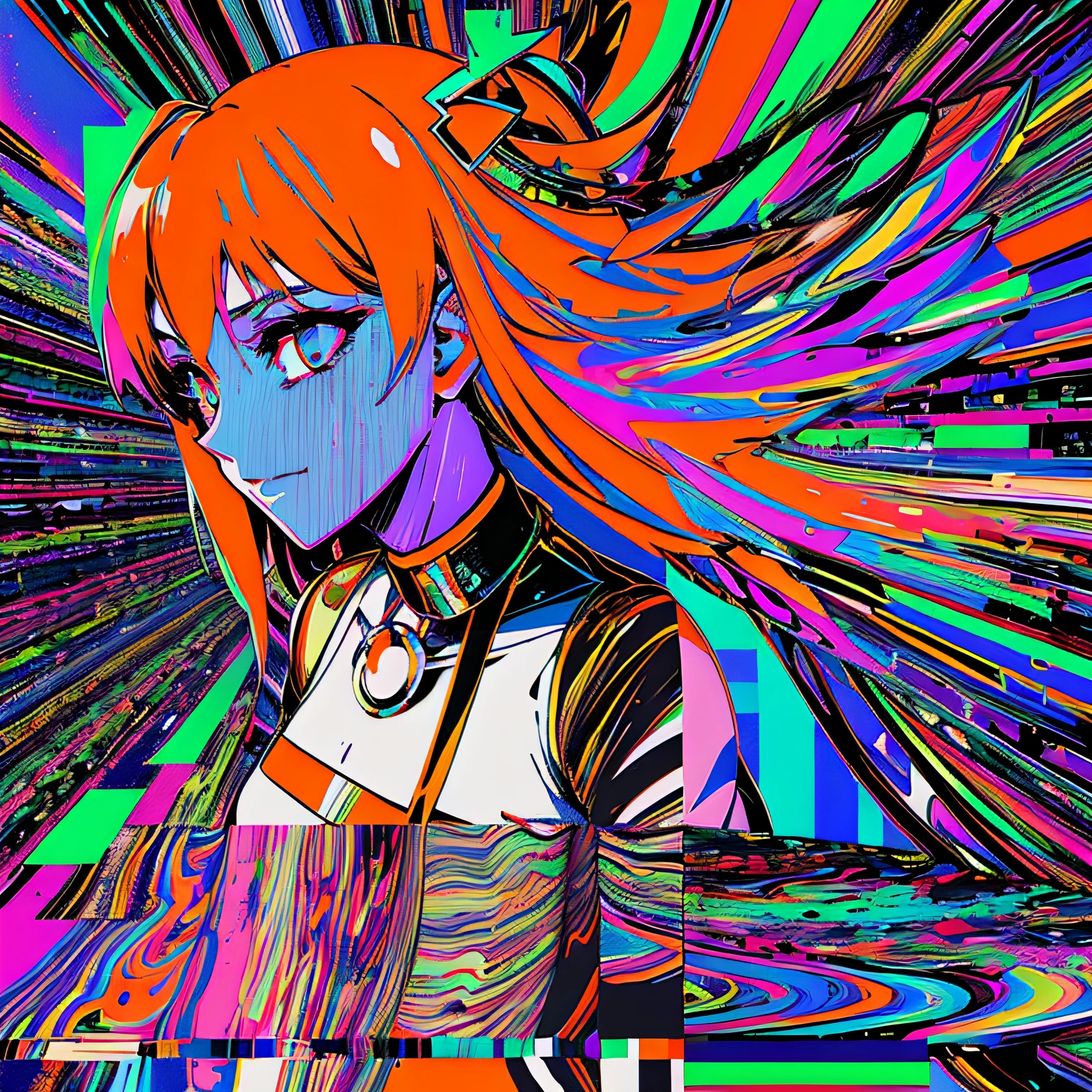 (masterpiece, top quality, best quality, official art, breakcore aesthetic:1.2), 1 girl, anime art, profile picture, abstraction, glitch, digital distortion, pixelated fragments, data corruption, colorful noise, visual chaos, orange outfit, cyberwings, white long hair, four eyes, face tatto, electrical wires around body, dark tones