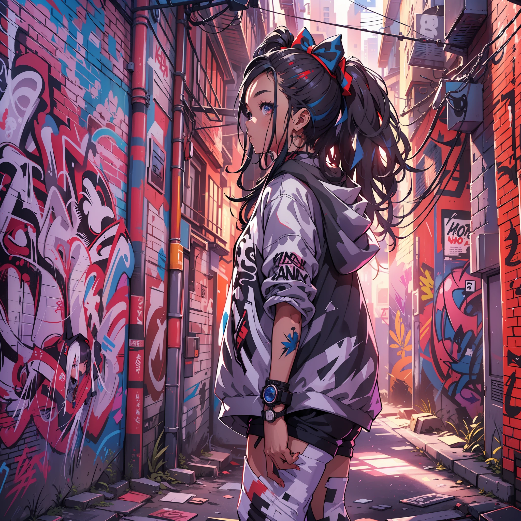 Anime girl in a graffiti alley with a skateboard - SeaArt AI