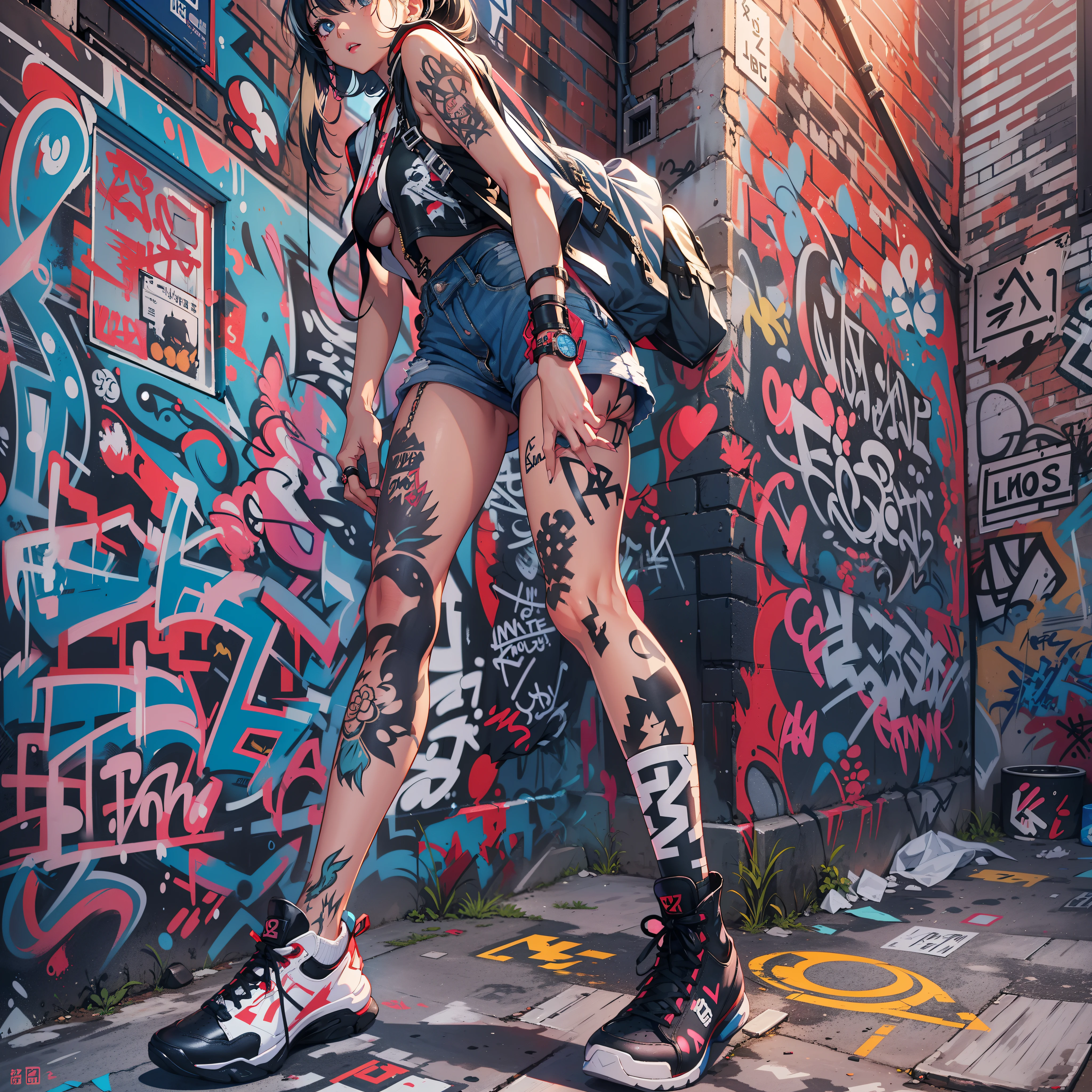 One Girl In A Back Alley、(Super Detail)、(8K)、((Hip Hop Fashion))、(graffiti wall)、(full body Esbian)、(hyperdetailed face)、(Detailed feet)、(Detailed hand)、(Cool Face)、(Standing)