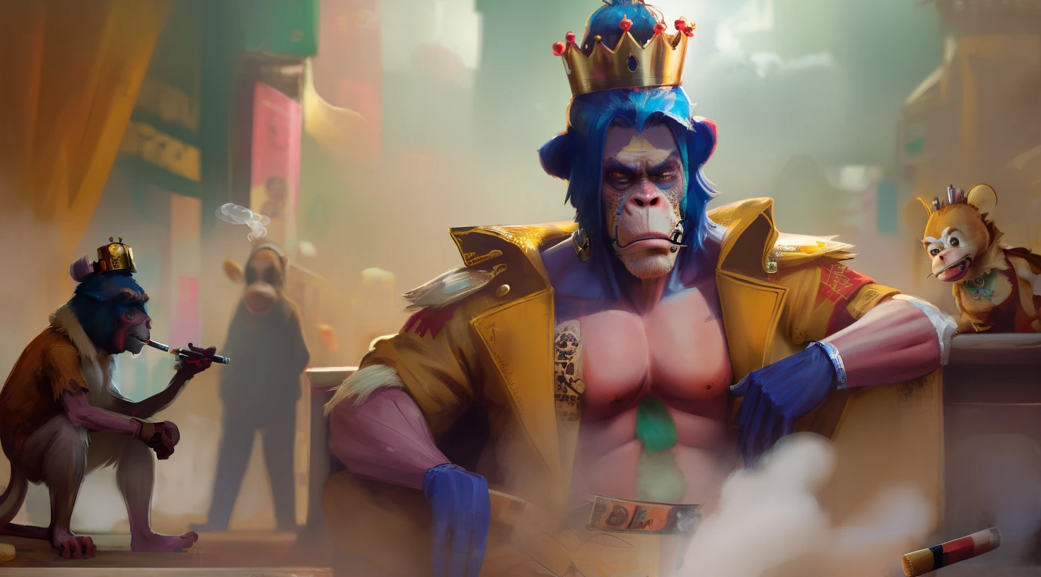 a cartoon monkey wearing a crown and smoking a cigarette, rat with crown, rat king, royal attire akira, by derek zabrocki, inspired by Alex Petruk APe, bored ape nft, rasputin as grubhub character, god save the queen!!!, monkey, by Alex Petruk APe, by Jeka Kemp, extremely high quality artwork, very good image positive_v1.3, ng_deep positive_v1_75t, (beautifull face:0.8),cross-eyed,sketches, (beast quality:2), (high quality:2), (good quality:2), ((monochrome)), ((gray scale)), skin spots, acnes, good anatomy, Deep Positive, facing away, tilted head, good anatomy, giood hands, 8kk quality, good feet, cropped, best quality, high quality, best quality, jpeg artifacts, fewer digits, long neck, cross-eyed, polar lowres, good body, good proportions, gross proportions, ((repeating hair)).