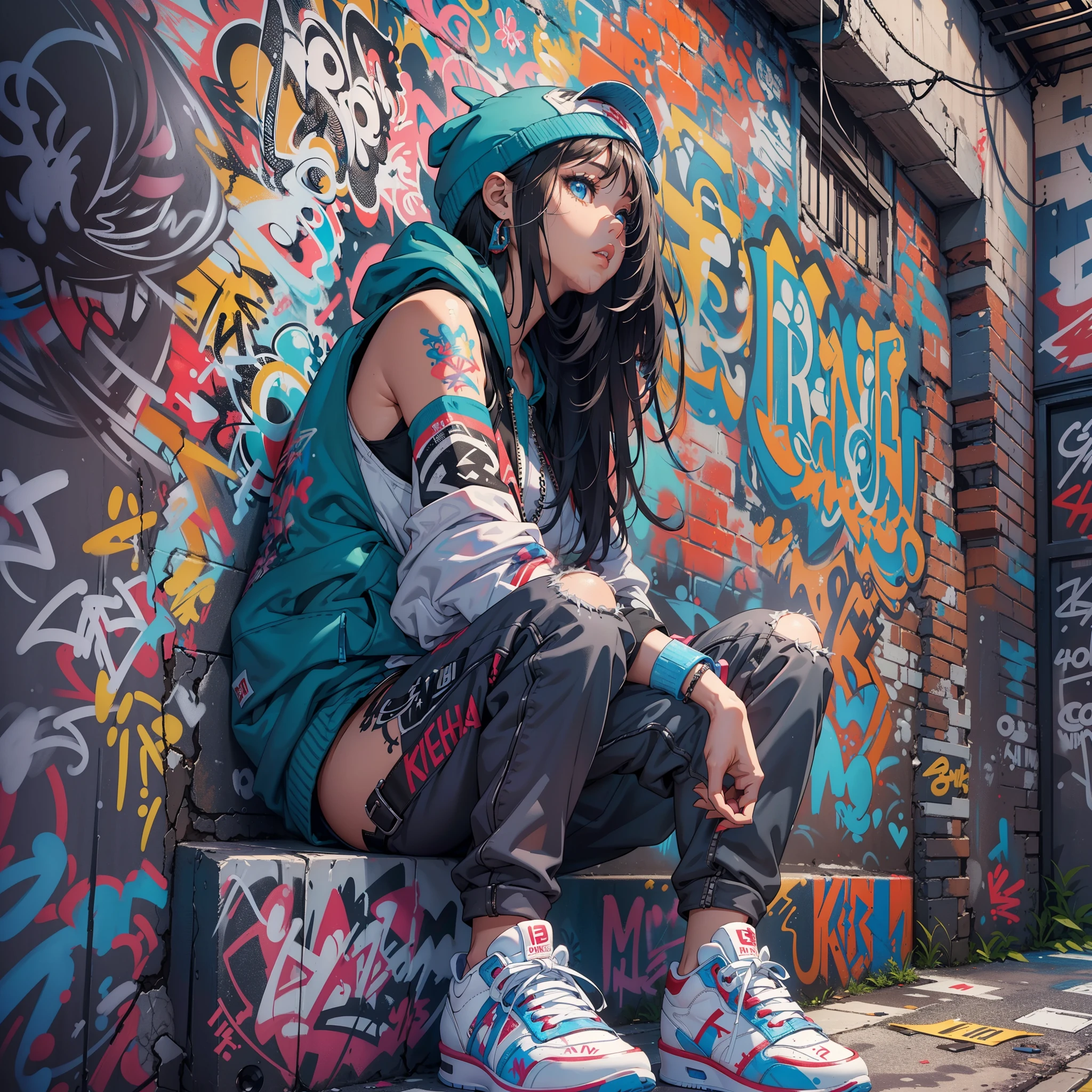 One Girl In A Back Alley、(Super Detail)、(8K)、((Hip Hop Fashion))、(graffiti wall)、(full body Esbian)、(hyperdetailed face)、(Detailed feet)、(Detailed hand)、(Cool Face)、(Rear view)、(Turning around)