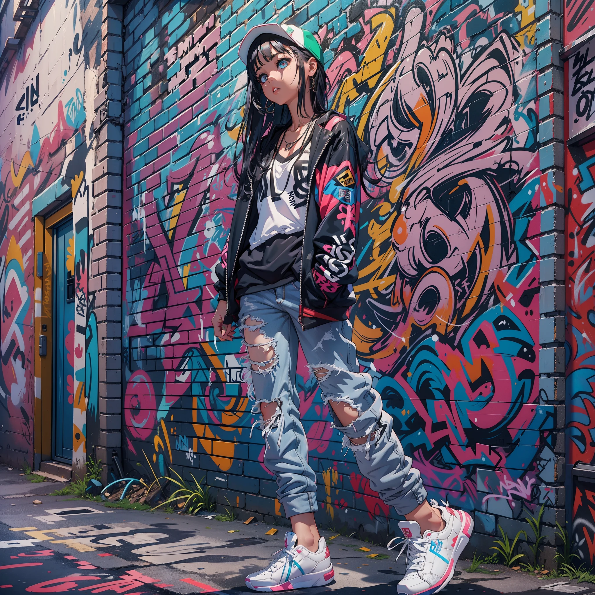 One Girl In A Back Alley、(Super Detail)、(8K)、((Hip Hop Fashion))、(graffiti wall)、(full body Esbian)、(hyperdetailed face)、(Detailed feet)、(Detailed hand)、(Cool Face)、(Rear view)、(Turning around)