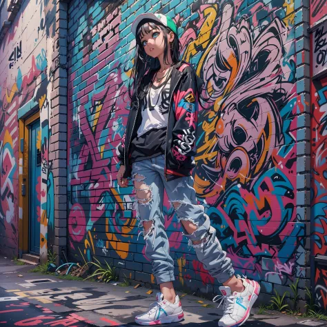 One Girl In A Back Alley、(Super Detail)、(8K)、((Hip Hop Fashion))、(graffiti wall)、(full body Esbian)、(hyperdetailed face)、(Detail...
