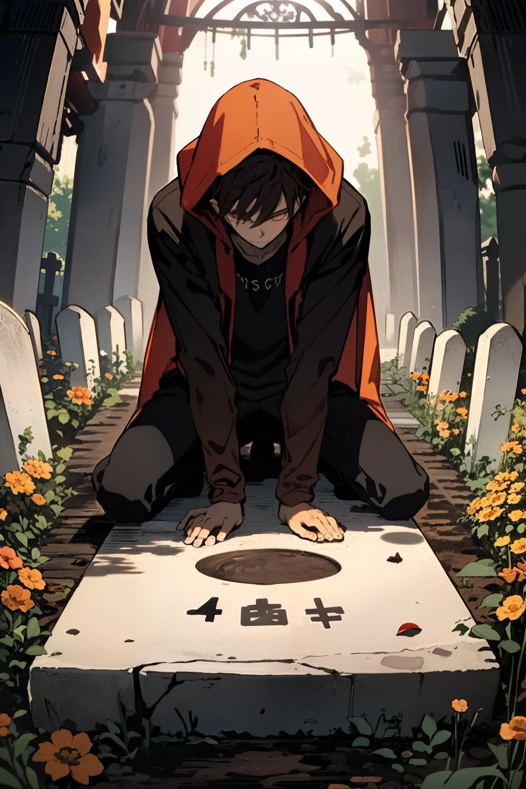 young boy, black baggy shirt, black pants, red hood, brown hair, orange eyes, kneeling to a grave, praying position, 4k, good anatomy, masterpiece