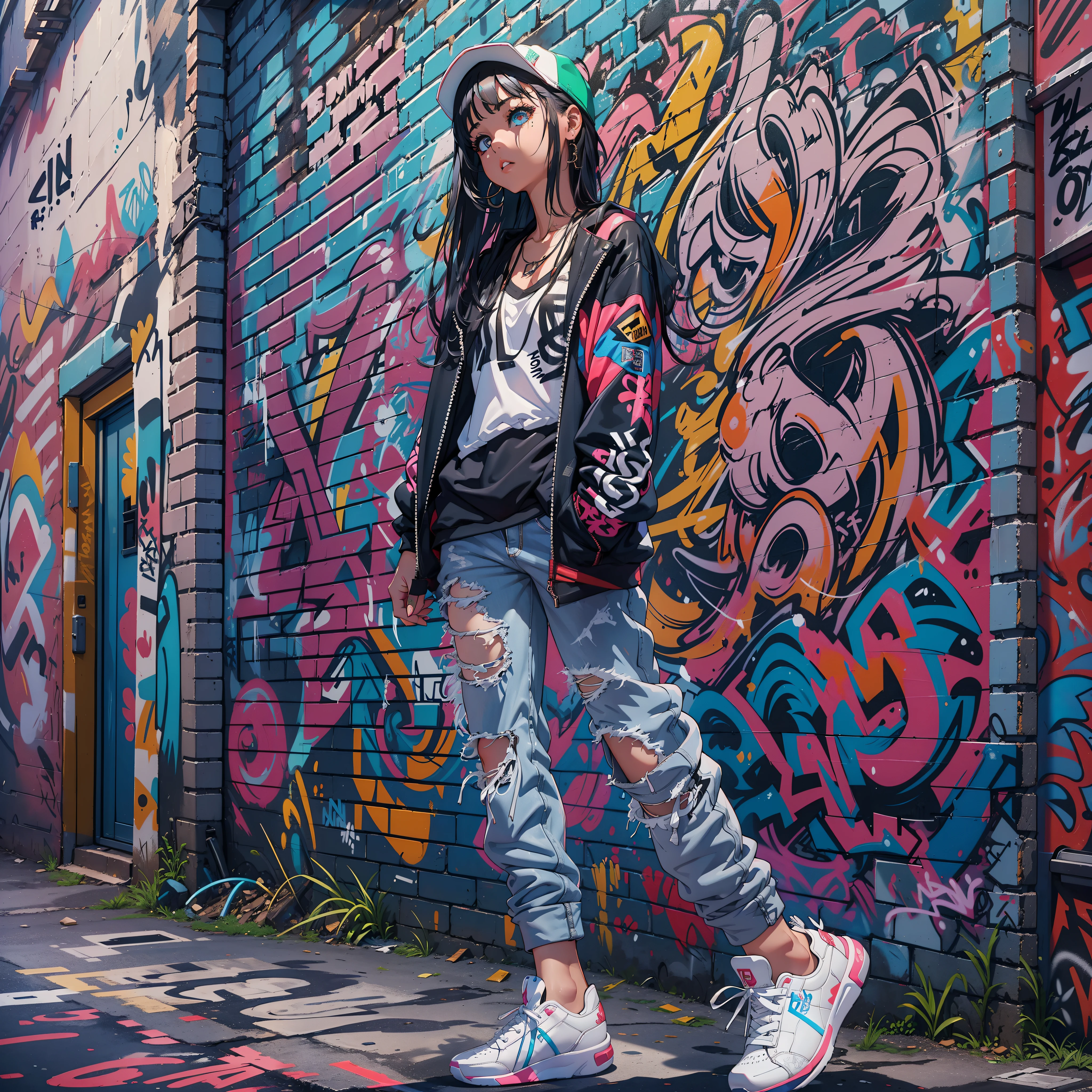 One Girl In A Back Alley、(Super Detail)、(8K)、((Hip Hop Fashion))、(graffiti wall)、(full body Esbian)、(hyperdetailed face)、(Detailed feet)、(Detailed hand)、(Cool Face)、(Rear view)、(Turning around)