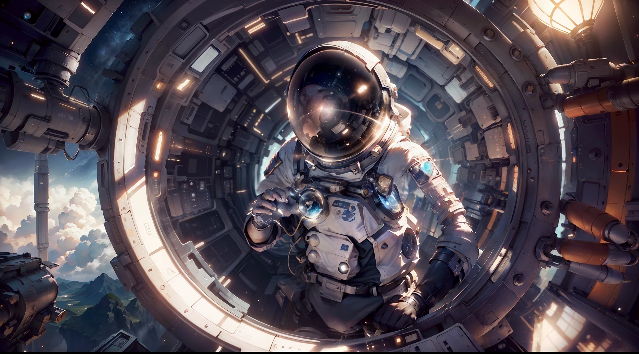 (Obra-prima, fotorrealista: 1.4), (intrepid man: 1.2), (Technologically advanced spacesuit: 1.2), (Determined expression: 1.1), (Foguete gigantesco: 1.3), (gleaming metal platform: 1.2) In this stunning, high-resolution image, A fearless man prepares to embark on an epic journey into space. Every detail is meticulously captured, From the tiny bolts of the spacesuit to the intricate details of the colossal rocket next to it. O astronauta, com seu traje espacial de alta tecnologia, It seems to have been taken directly from a science fiction movie. The costume is a marvel of detail, with textured surfaces and a profusion of buttons and lights, todos refletindo a luz do sol de maneira impressionante. His determined expression demonstrates the courage it takes to face the unknown. Ao seu lado, o foguete gigantesco domina a cena. Each pane and window renders to perfection, revelando a complexidade da tecnologia envolvida. The imposing structure extends into the sky, and the soft clouds frame the scenery with a sense of immensity and possibility. The gleaming metal platform where the astronaut is positioned is a testament to the artistic precision that brought this image to life. Each reflection on the metal surface is detailed, refletindo o brilho do foguete e do traje espacial. A luz do sol ilumina tudo, creating soft shadows and enhancing the texture of each element. The scene is a true masterpiece, capturing not just the realistic look, but also the essence of space exploration. The composition is carefully balanced, with man and rocket in the spotlight, and the atmospheric background evokes a sense of wonder and excitement. With ultra-high resolution and meticulous attention to detail, This image transcends mere visual representation, allowing the viewer to feel the excitement and grandeur of the journey that is about to begin.