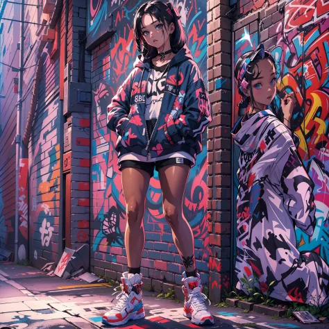 One Girl In A Back Alley、(Super Detail)、(8K)、((Hip Hop Fashion))、(graffiti wall)、(full body Esbian)、(hyperdetailed face)、(Detail...