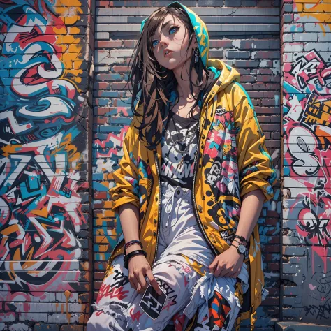 One Girl In A Back Alley、(Super Detail)、(8K)、((Hip Hop Fashion))、(graffiti wall)、(full body Esbian)、(hyperdetailed face)、(Detail...