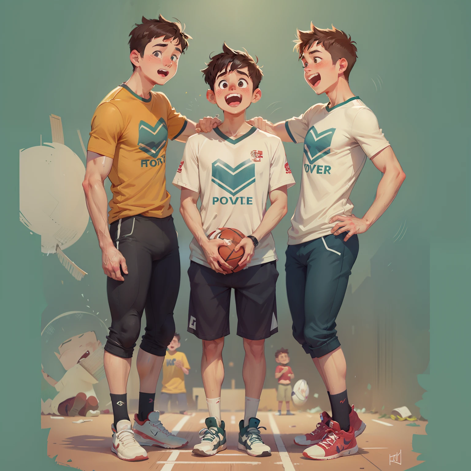 Three young men standing next to each other on a basketball court - SeaArt  AI