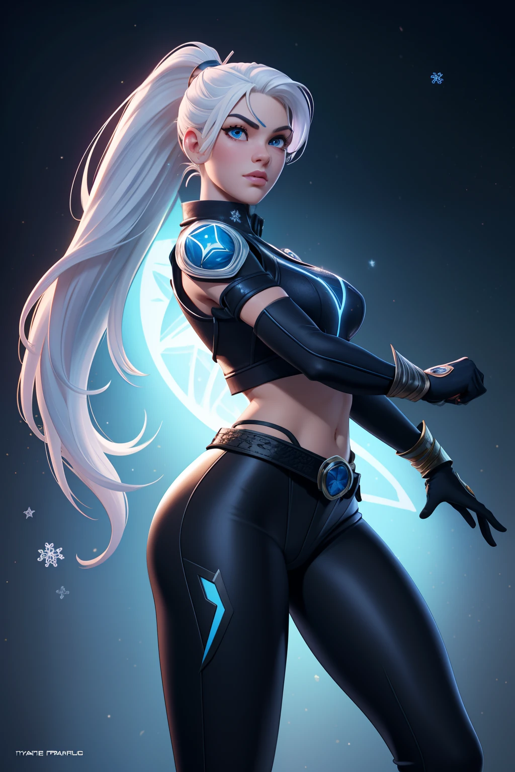 ((best quality)), ((masterpiece)), ((ultra realistic)), (dynamic heroic pose), ((solo)), american, beautiful detailed face, detailed eyes, a superheroine, has ice powers, white hair ponytail, back midriff with blue outlines and a snowflake symbol on her right, has black gloves with fur on her the wrist part, wears black tight pants, with a blue belt, blue lines on the knee