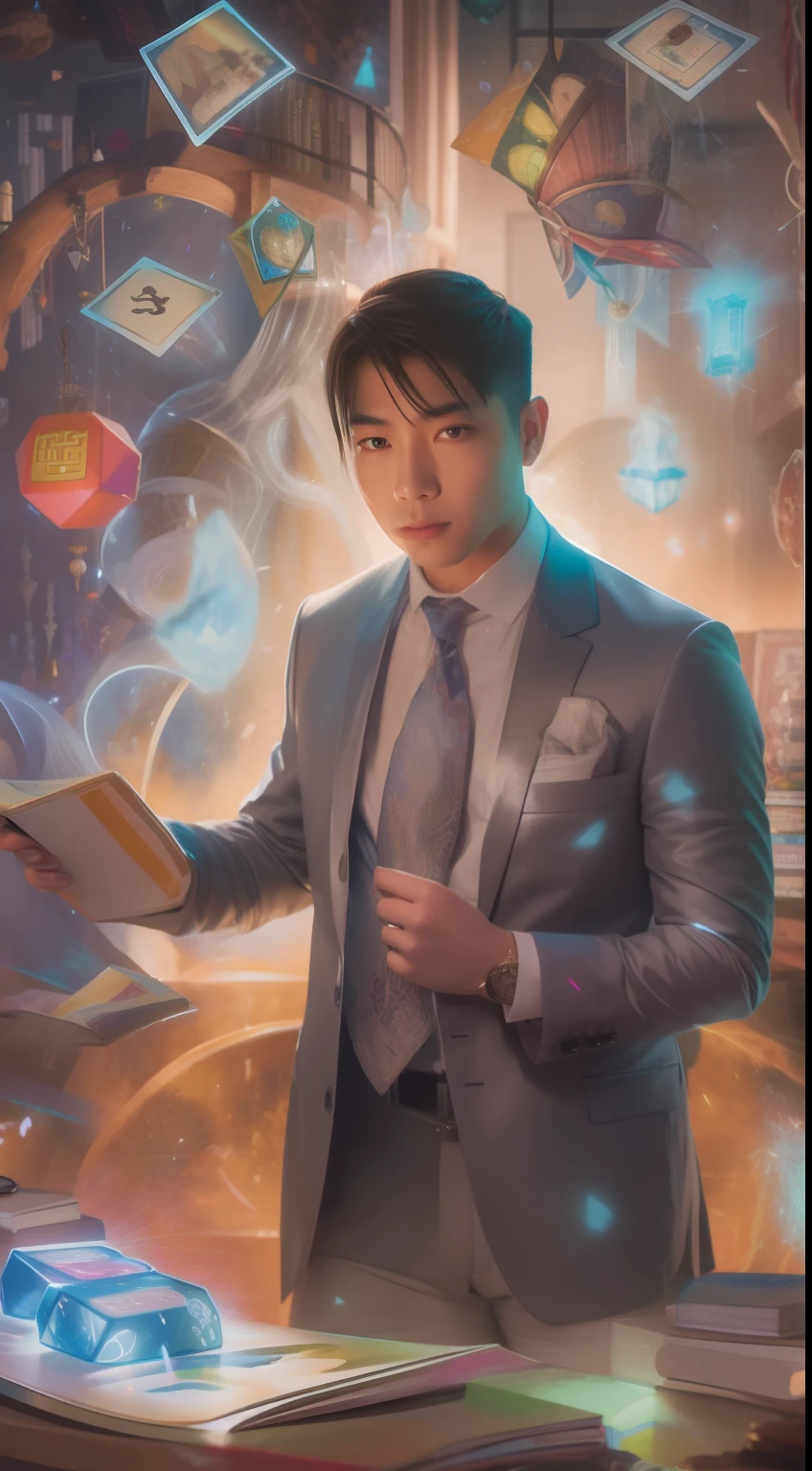 一幅细致的画作描绘了一位身着西装的亚洲男子，周围环绕着一圈闪闪发光的魔法卡，中间是一本《龙与地下城》.