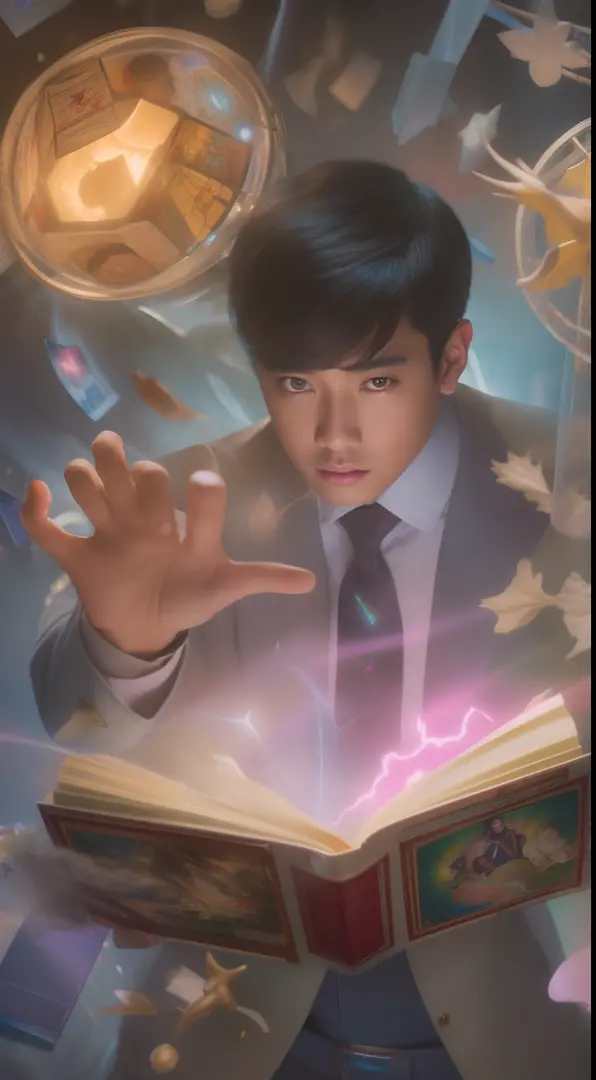 a detailed painting depicting an asian man in a suit surrounded by a flurry of glowing magic cards and the book dungeons and dra...