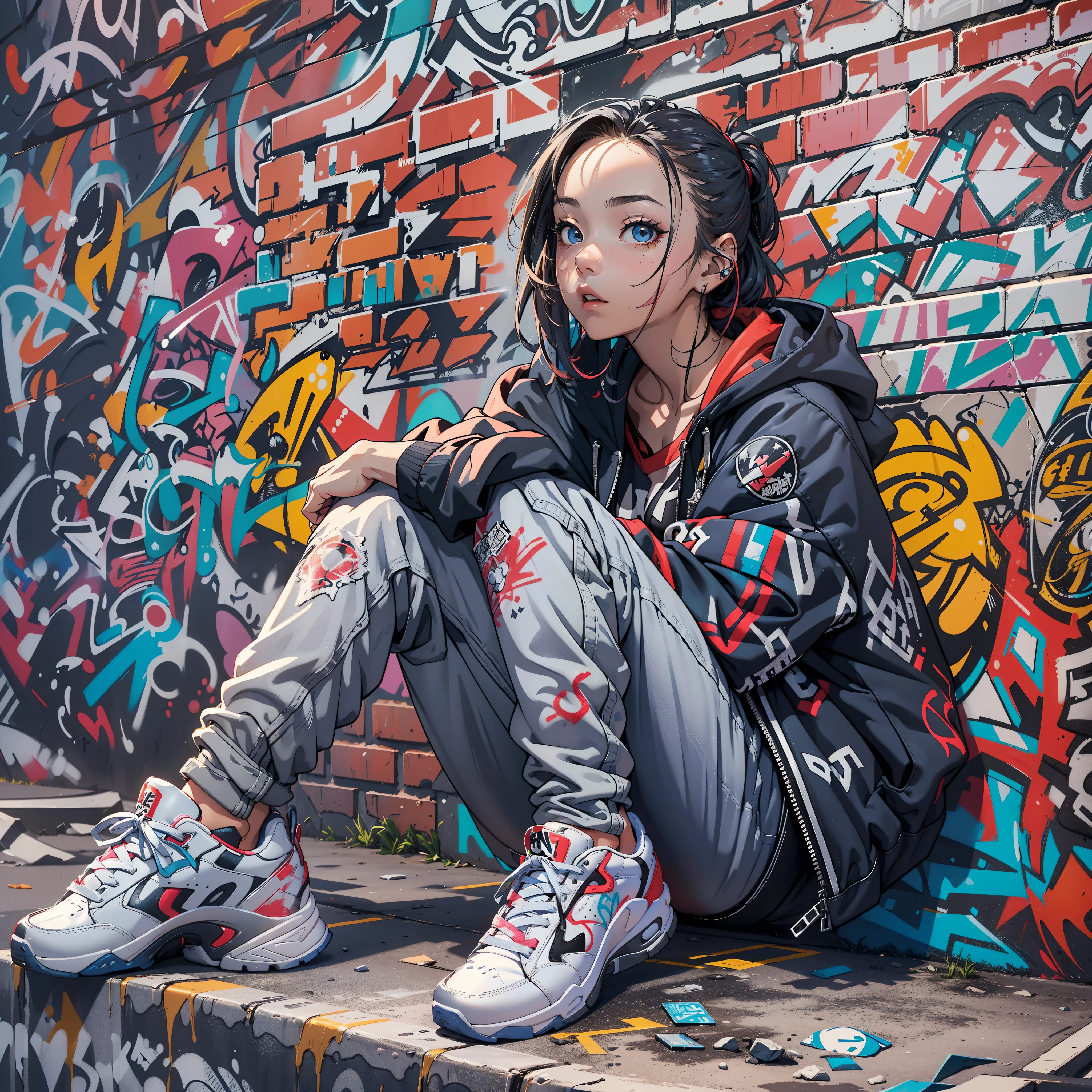 One Girl In A Back Alley、(Super Detail)、(8K)、((Hip Hop Fashion))、(graffiti wall)、(full body Esbian)、(hyperdetailed face)、(Detailed feet)、(Detailed hand)、(Cool Face)、(sitting with knees arised)、(Put your arms on your knees)