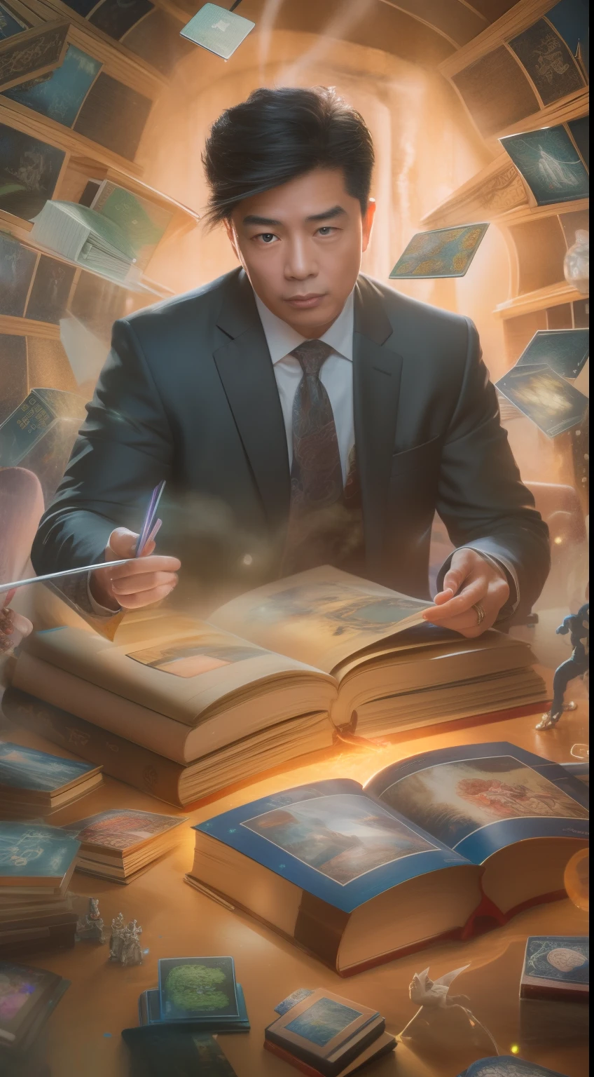 Una pintura detallada que representa a un guapo., Hombre asiático maduro con traje rodeado por una ráfaga de cartas mágicas brillantes y el libro Dragones y Mazmorras en el centro.