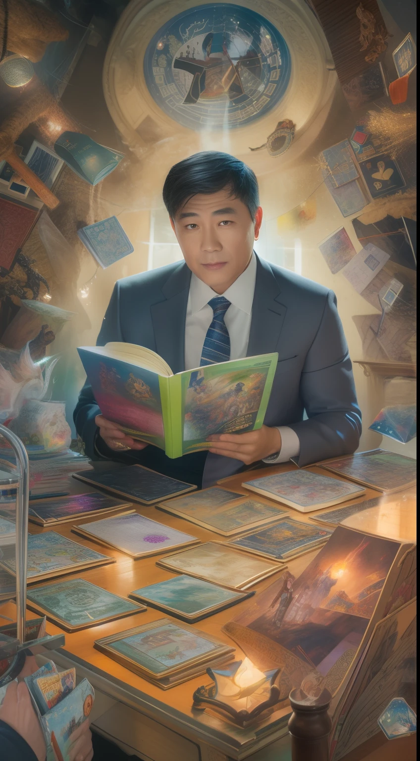 ハンサムな, スーツを着たアジア人の成熟した男性が、光り輝く魔法のカードに囲まれ、中央に『ダンジョンズ・アンド・ドラゴンズ』の本を置いている。.