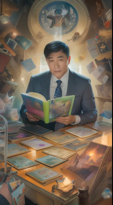 A detailed painting depicting a handsome, mature Asian man in a suit surrounded by a flurry of glowing magic cards and the book ...