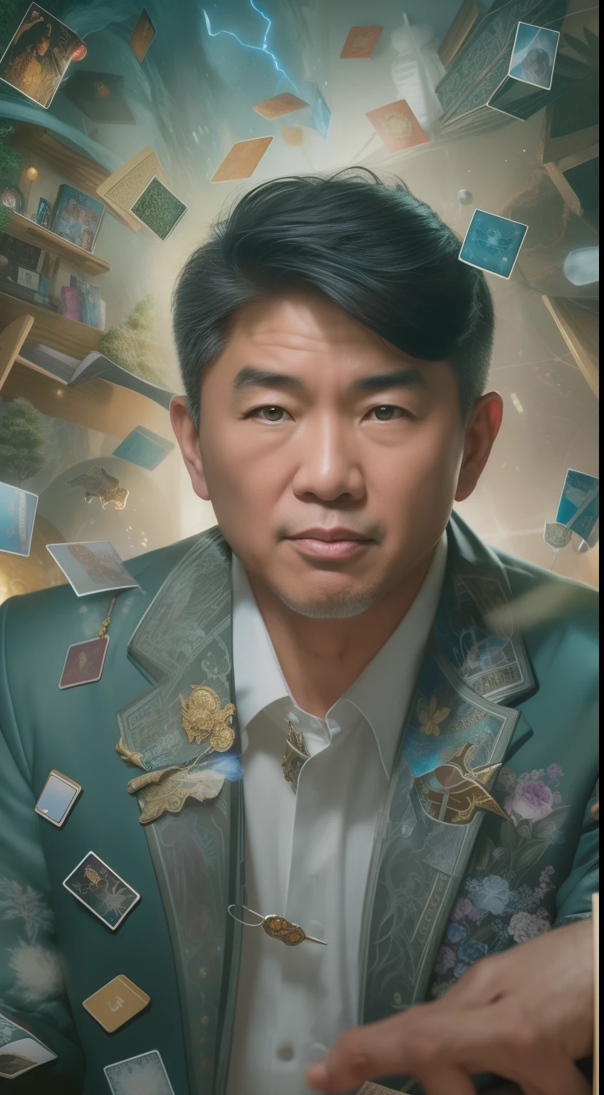 Uma pintura detalhada representando um belo, homem asiático maduro de terno cercado por uma enxurrada de cartas brilhantes de Magic The Gathering e o livro Dungeons and Dragons no centro.