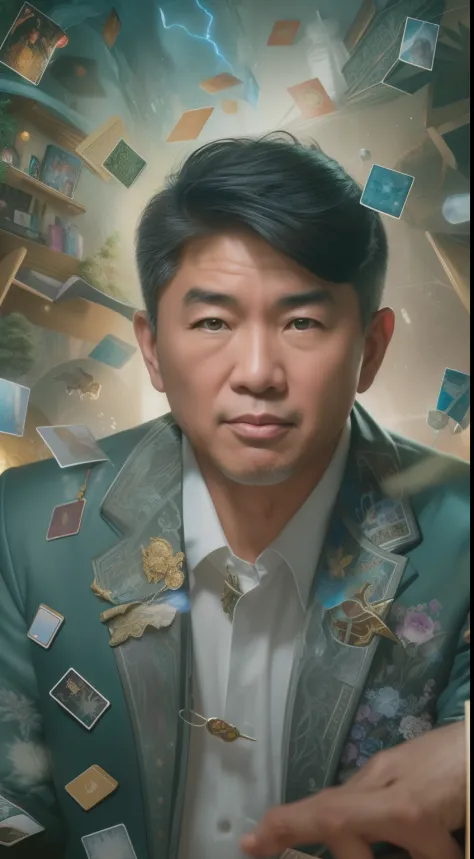 A detailed painting depicting a handsome, mature Asian man in a suit surrounded by a flurry of glowing Magic The Gathering cards...