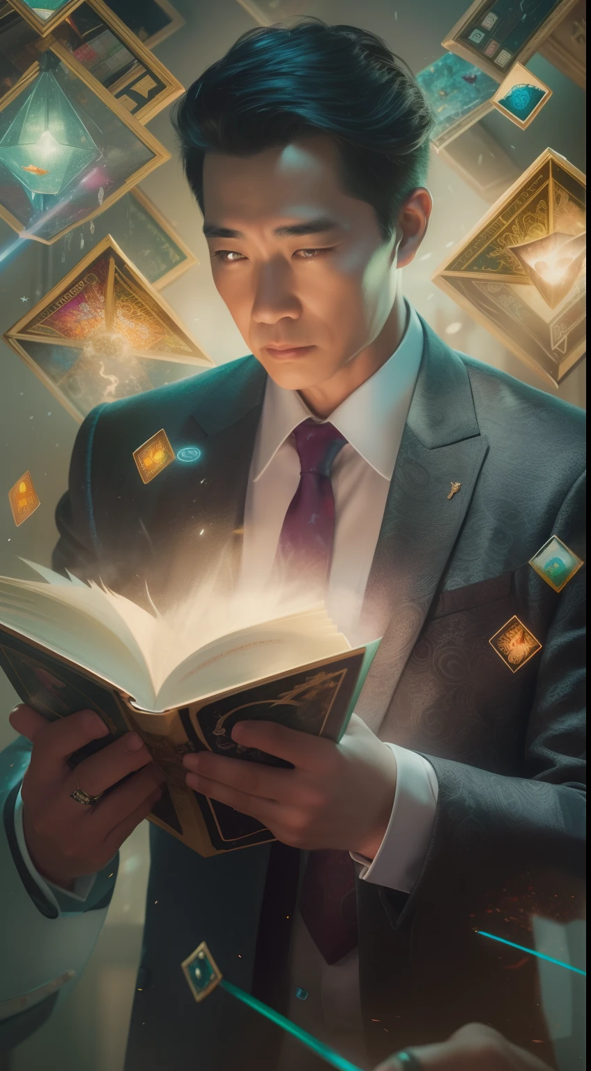 A detailed painting depicting a handsome, mature Asian man in a suit surrounded by a flurry of glowing Magic The Gathering cards and the book Dungeons and Dragons in the center.