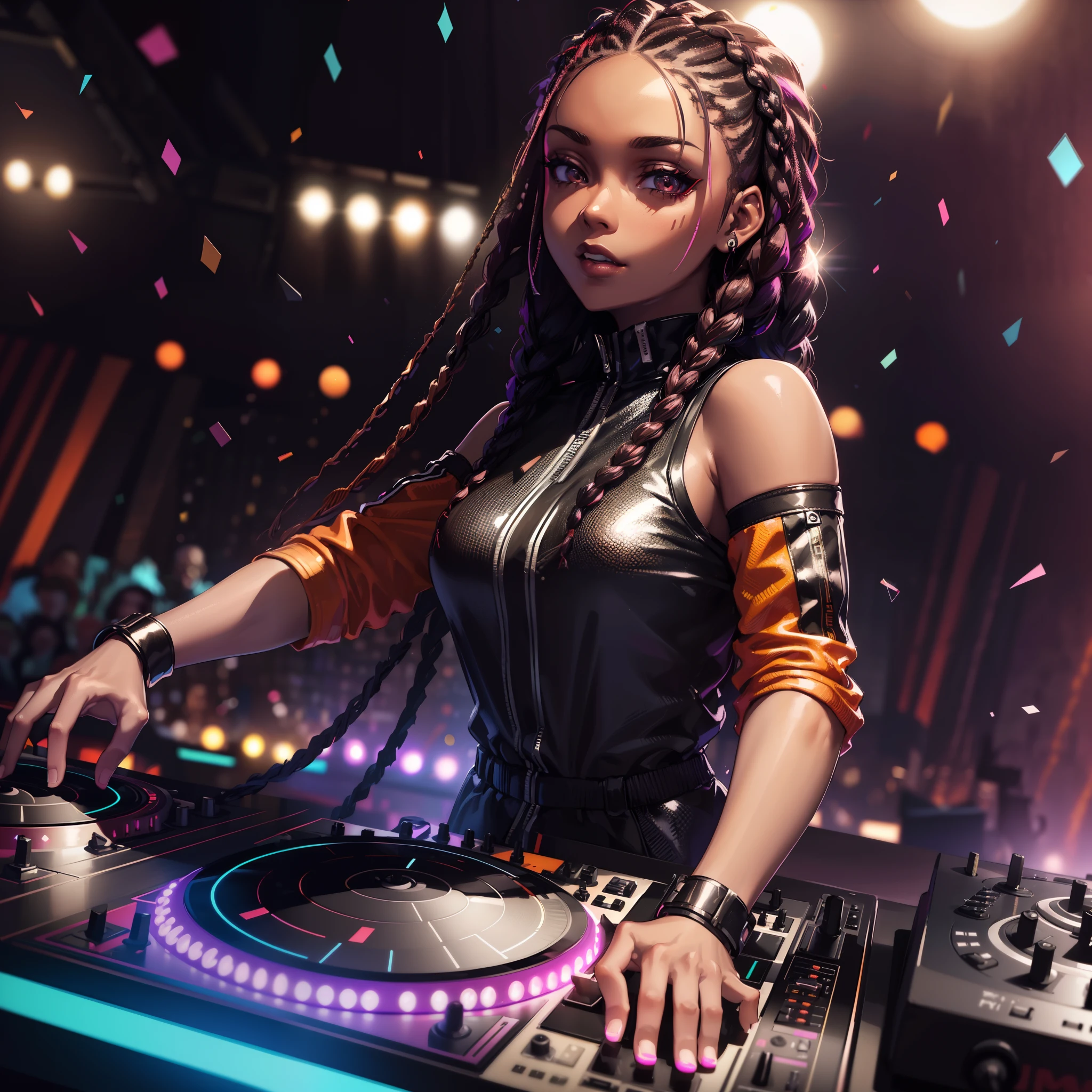 (dramatic illumination, dynamic angle, intense color contrast), (solo), (1female, young black woman), (black cornrow braids), (brown eyes), (wearing reflective silver jumpsuit), (DJ on club stage), (with mixer and turntable, (bokeh), (confetti falling),