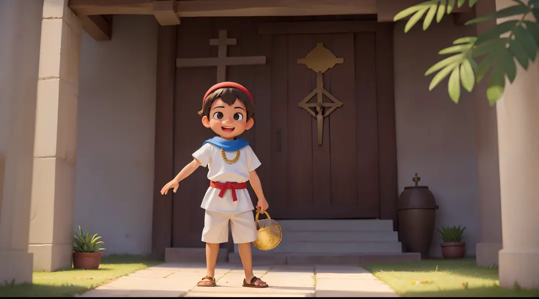 menino de 05 anos, templo hebreu antigo, biblical story (Samuel as a child). Sozinho sorridente varrendo qualidade 8k, disney