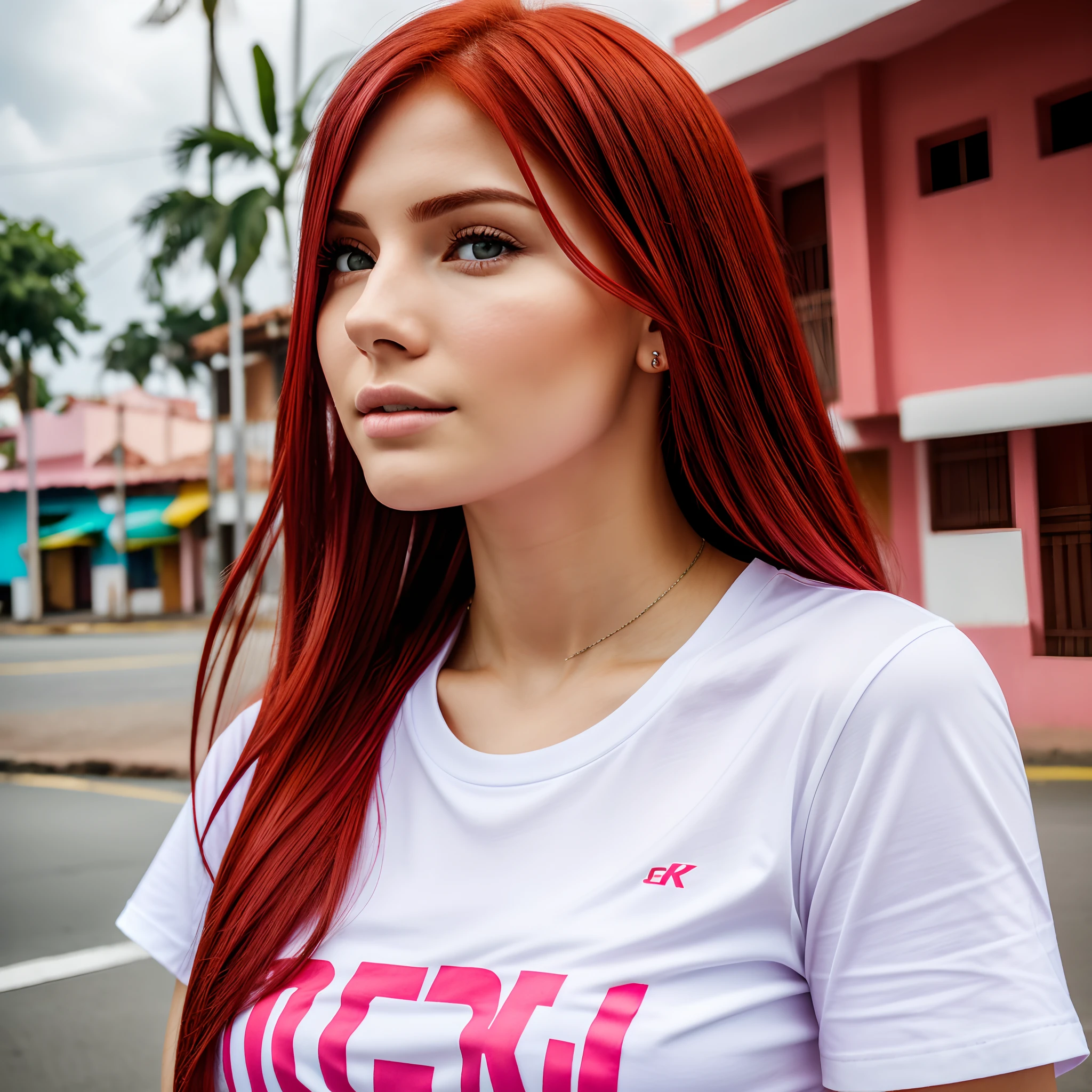 a beautiful woman, ((white skin)), with red hair, Pink T-shirt, as much definition as possible, 8k, in the city of Barranquilla Colombia.