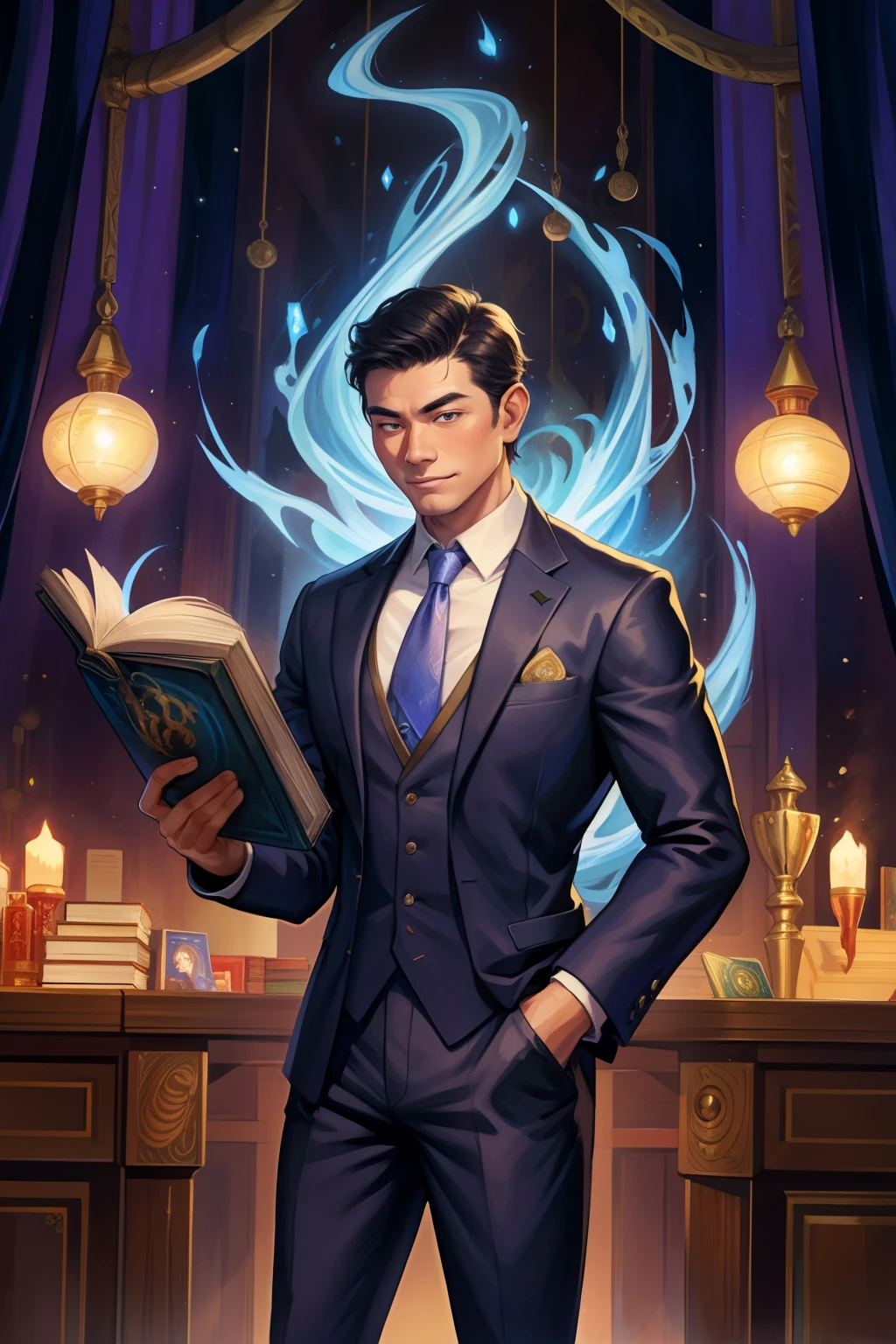 لوحة مفصلة تصور وسيم, رجل آسيوي ناضج يرتدي بدلة محاطًا بموجة من بطاقات Magic The Gathering المتوهجة وكتاب Dungeons and Dragons في المنتصف.