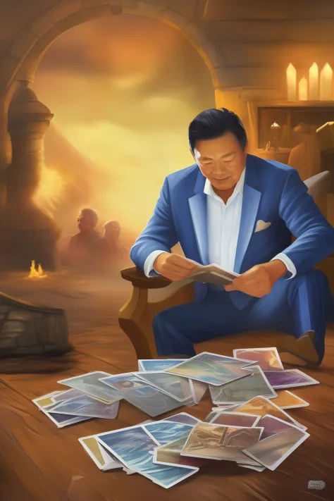 a detailed painting depicting a handsome, mature asian man in a suit surrounded by a flurry of glowing magic the gathering cards...