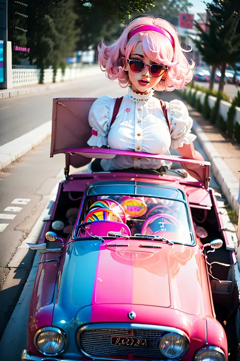 BarbieCore a vintage car driving along a rainbow road , (shiny plastic:0.8), (pink and white:0.9), (pastel:0.85)----revAnimated_v122===UHD