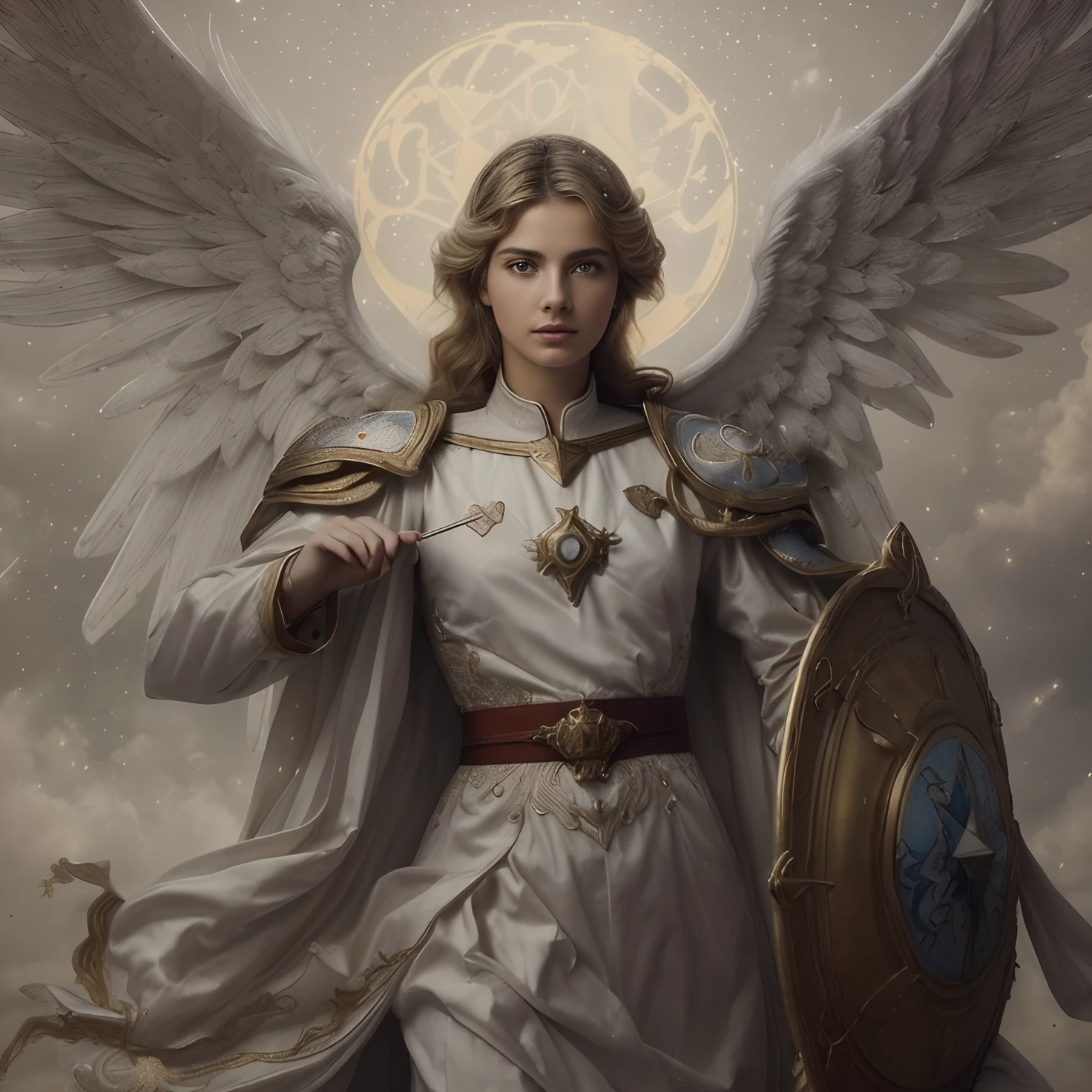 (((Holy GUARDIAN ANGEL. 19 years old))) (((IMAGEN VINTAGE RETRO))) ((( Con una cara seria y piadosa. Con una mirada dulce y tierna))) (obra maestra, calidad superior, mejor calidad, arte oficial, beautiful and aesthetic: 1.2), (1girl), extremadamente detallado, (Arte fractal: 1.3), colorido, highest detailed, Cara perfecta, parte superior del cuerpo, HDR, (orando: 1.3), (golden lines of white coat: 1.2), galaxia, (rayas de luz), eye-catching visuals, (dynamic stripes, senderos luminosos: 1.2), colores vibrantes,