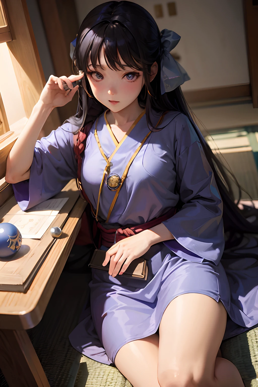 Anime-Mädchen im lila Kleid sitzt auf einem Stuhl mit einem blauen Ball, anime girl Cosplay-Kostüm, anime Cosplay-Kostüm, Palast ， Ein Mädchen in Hanfu, Maya Fey aus Ace Attorney, einfache Gewänder tragen, Cosplay-Kostüm photo, Cosplay-Kostüm, trägt ein einfaches Gewand, Tragen eines blauen Gewandes, Trägt ein blaues Gewand, trägt eine dunkle Seidenrobe, japanische Göttin, wallendes Haar und lange Gewänder