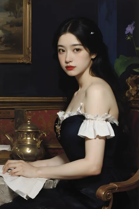 (Oil painting: 1.5),

\\

A woman with long black hair and white flowers in her hair sits in front of a European oil painting (Amy Saul: 0.248), (Stanley Atger Liu: 0.106), (a detailed painting: 0.353), (Gothic art: 0.106)