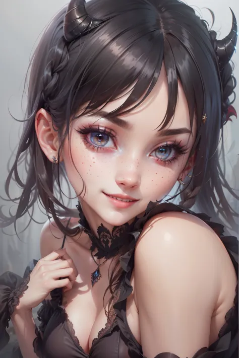 close-up of a beautiful female face, wearing a demon outfit, gorgeous demonic eyes, intricate, cleavage, soft lips, smiling, naughty, seductive glance, freckles, side boob, under boob, braids