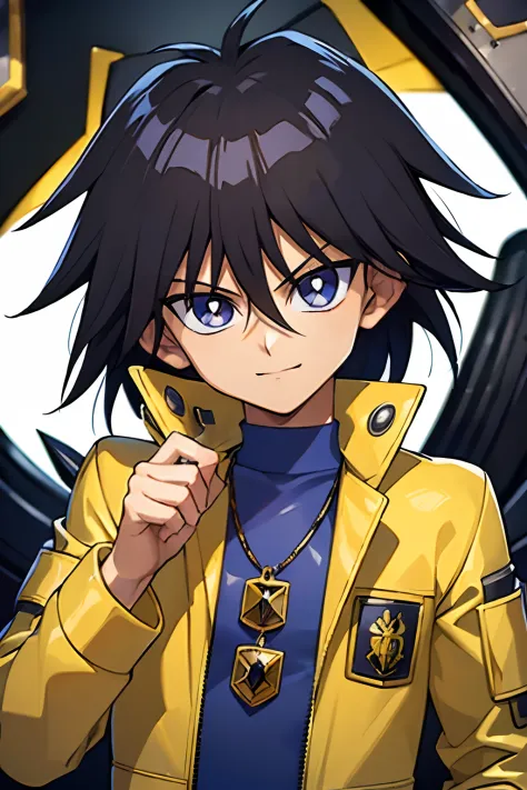 (masterpiece, best quality, ultra-detailed), 1boy, black hair, yellow jacket, (portrait shot), looking at viewer, mokuba kaiba, ...