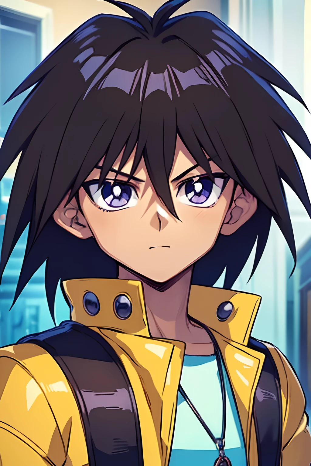 (masterpiece, best quality, ultra-detailed), 1boy, black hair, yellow jacket, (portrait shot), looking at viewer, Mokuba Kaiba, city