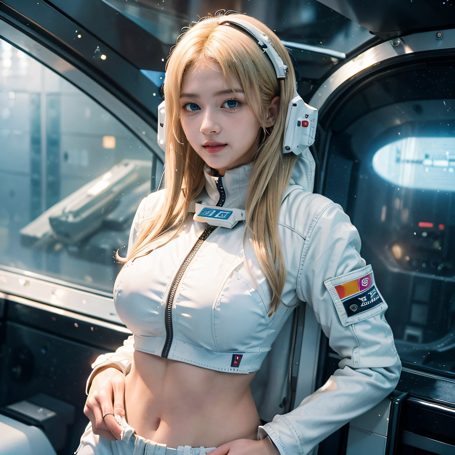 1girl, (Blue Eyes), smile, (Sana Minatozaki), wide hips, Big , big ass, (Best Quality, 8k, Masterpiece: 1.3), Clear Focus: 1.2, Perfect Body Beauty: 1.4 , Slender Abs: 1.2, Highly detailed face and skin texture, detailed eyes, double eyelids, (blonde long wet hair), (white spacesuit :1.4), (in a spaceship), (background galaxies)