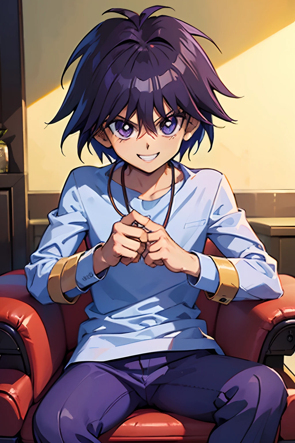 (masterpiece, best quality, ultra-detailed), 1boy, purple hair, looking at viewer, smiling expression, Mokuba Kaiba,room ,boy body, sitting