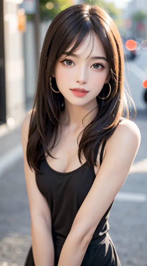 ,(in 8K, Photorealistic:1.25) ,( small lip luster, Eye lashes, Gloss Face, Glossy glossy skin, best qualtiy, 超A high resolution, depth of fields, color difference, Caustics, Wide light, Natural Shadow, ) ,slender,brown haired, Blunt bangs, hair behind ear,...