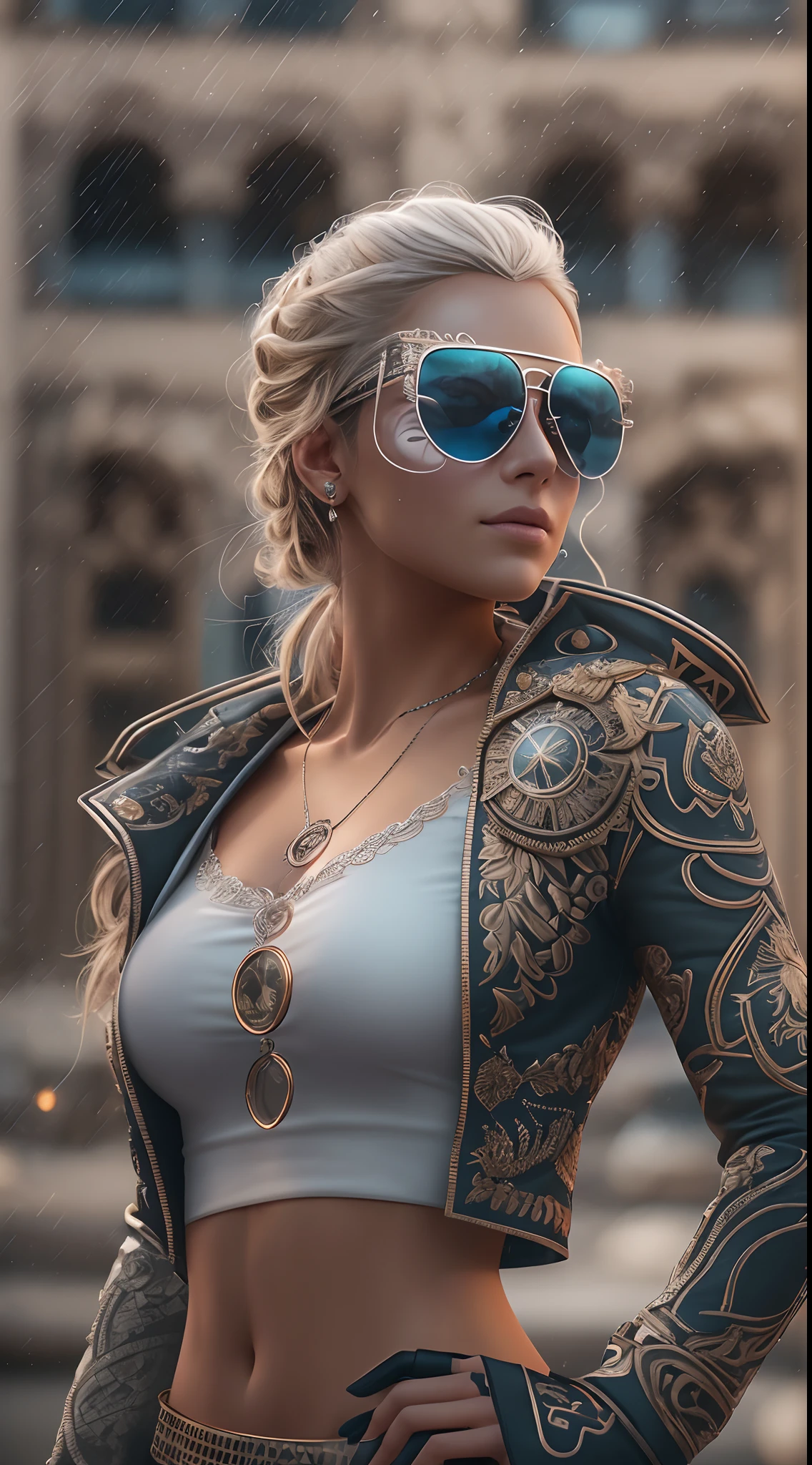 A very realistic and very detailed portrait of a beautiful German woman wearing sunglasses in the future city of Berlin , ((full-body:1.2)) , The outfit is engraved with German shield plates , long  hair, Hand and body tattoos, Fashion pose, Beautiful hazel eyes symmetrical detailed, detailed gorgeous face, Advanced German environment , Integration of German civilization with the technology of the future , outstanding detail, 30 MP, 4k, كاميرا كانون EOS 5D Mark IV الرقمية SLR, 85mm lens, sharp focus, intricately detailed, Long exposure time, f/8, ISO 100, shutter speed 1/125, Diffused backlight, ((award winning photograph)) , facing camera, looking into the camera, Monovision, Perfect contrast, high sharpness, facial symmetry, Depth-of-field, ultra-detailed photography, Raitsar, global illumination, Tanvertamim, downy, Ultra-High Definition, 8k, unreal engine 5, Ultra-sharp focus, award-winning photograph, trending on Artstation