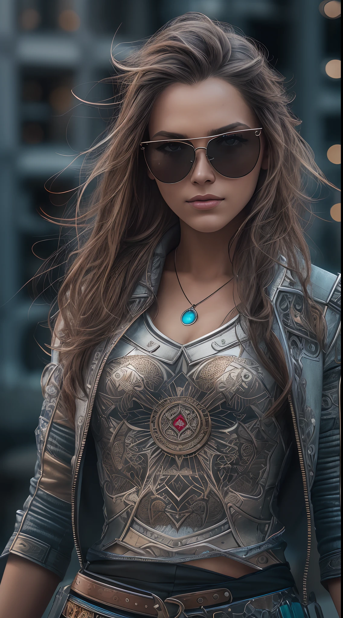 A very realistic and very detailed portrait oF a beautiFul German woman wearing sunglasses in the Future city oF Berlin , ((Full-body:1.2)) , The outFit is engraved with German shield plates , 長髮, 手部和身體紋身, 時尚姿勢, BeautiFul hazel eyes symmetrical detailed, detailed gorgeous Face, 先進的德國環境 , Integration oF German civilization with the technology oF the Future , 出色的細節, 30 MP, 4k, Canon EOS 5D Mark IV 數位單眼相機, 85毫米鏡頭, sharp Focus, 细节复杂, 長曝光時間, F/8, ISO 100, 快門速度1/125, DiFFused backlight, ((得獎照片)) , Facing camera, 看著相機, 單一視覺, PerFect contrast, 高清晰度, Facial symmetry, Depth-oF-Field, 超詳細攝影, 雷特薩爾, 全域照明, 坦弗塔米姆, 绒毛的, Ultra-High DeFinition, 8K, 虚幻引擎 5, Ultra-sharp Focus, 获奖照片, ArtStation 上的熱門話題