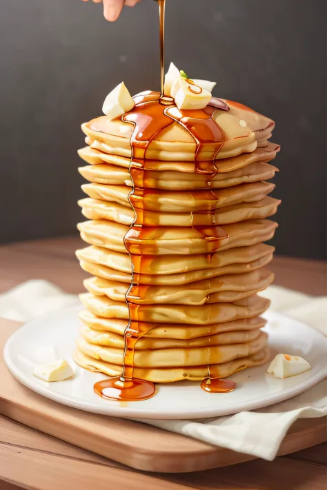 masterpiece, high quality, best quality, pancakes poured with maple syrup, (thin pancakes), foodphoto,