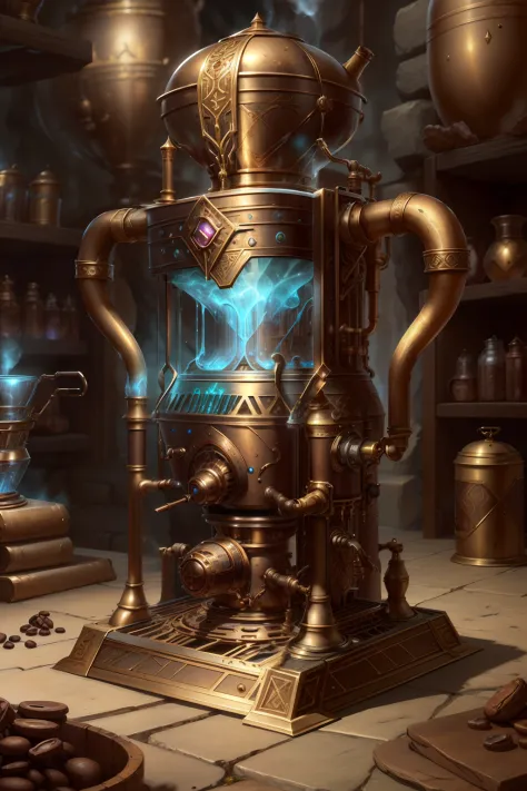 dwemertech, ancient, coffee machine, detailed background, brass