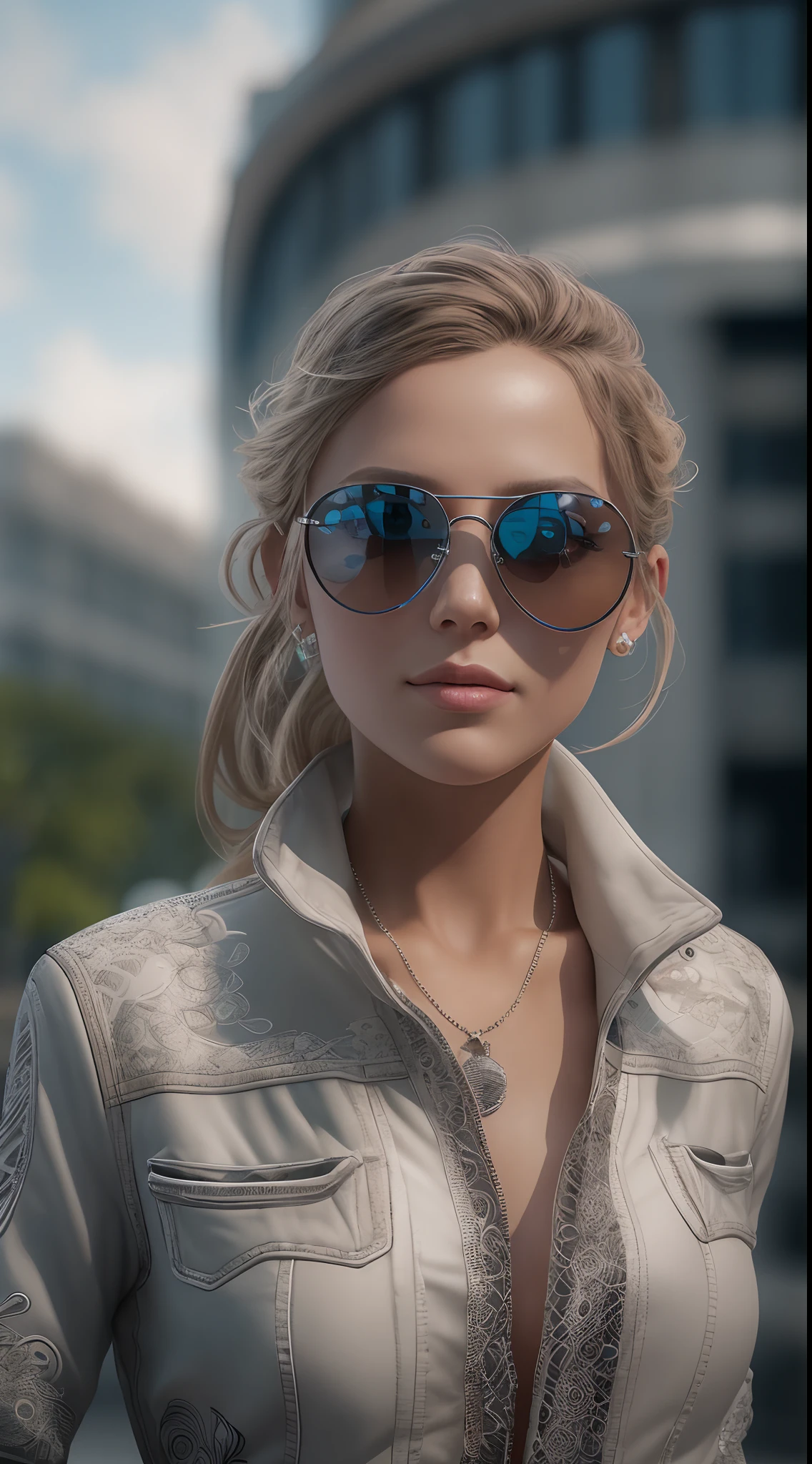 A very realistic and very detailed portrait of a beautiful German woman wearing sunglasses in the future city of Berlin , ((full-body:1.2)) , The outfit is engraved with German shield plates , long  hair, Hand and body tattoos, Fashion pose, Beautiful hazel eyes symmetrical detailed, detailed gorgeous face, Advanced German environment , Integration of German civilization with the technology of the future , outstanding detail, 30 MP, 4k, كاميرا كانون EOS 5D Mark IV الرقمية SLR, 85mm lens, sharp focus, intricately detailed, Long exposure time, f/8, ISO 100, shutter speed 1/125, Diffused backlight, ((award winning photograph)) , facing camera, looking into the camera, Monovision, Perfect contrast, high sharpness, facial symmetry, Depth-of-field, ultra-detailed photography, Raitsar, global illumination, Tanvertamim, downy, Ultra-High Definition, 8k, unreal engine 5, Ultra-sharp focus, award-winning photograph, trending on Artstation