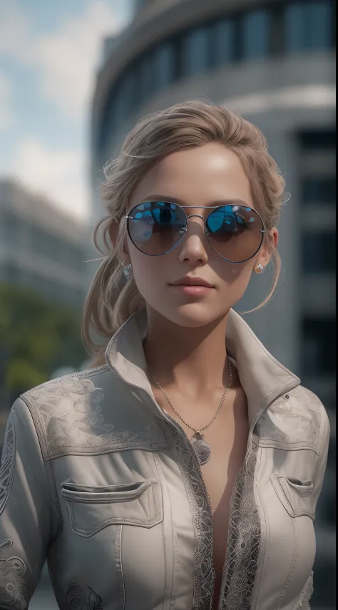 A very realistic and very detailed portrait of a beautiful German woman wearing sunglasses in the future city of Berlin , ((full...