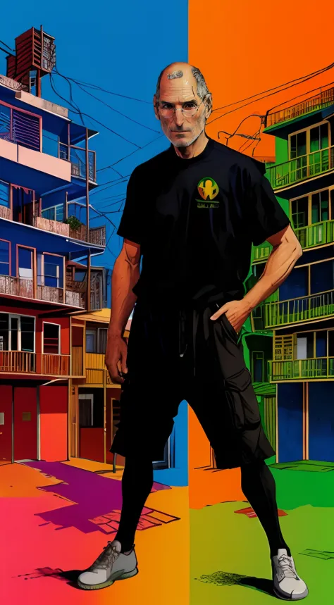Steve Jobs na favela do rio de janeiro ao fundo, por xyzVMoscoso, com cores vibrantes