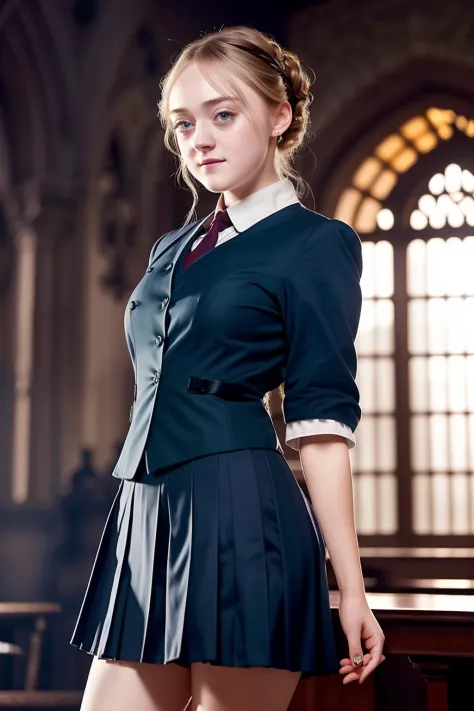 photo of Dakota Fanning, beautiful woman hair updo upsweep, Hogwarts uniform, (sweating:1.3), (spreading legs:1.3), (full body:1...